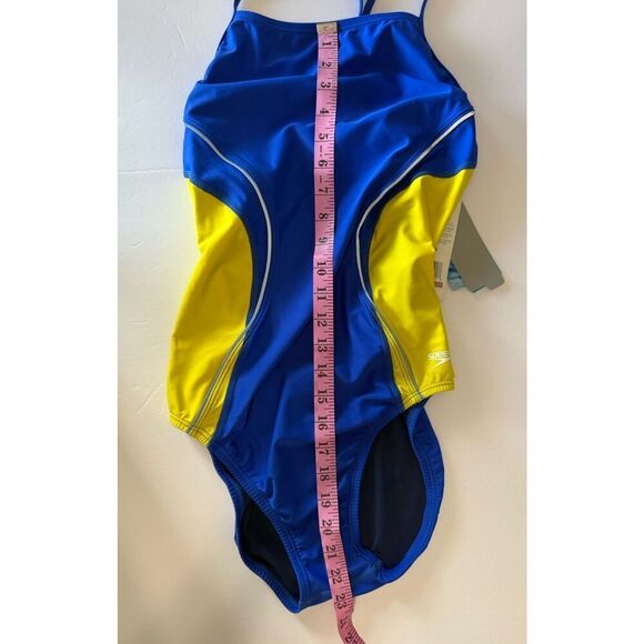 Speedo One Piece Swimsuit 12 Blue Yellow Gold Sporty PowerFlex Eco Splice Back - Picture 15 of 16